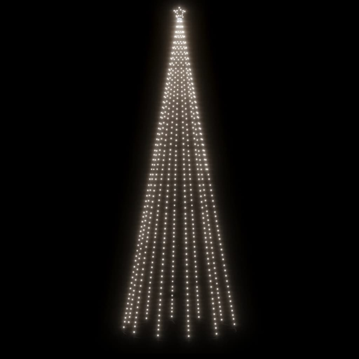 Ein Weihnachtsbaum aus Lichtern, der im Dunkeln leuchtet. Der Baum hat eine hohe, dünne Kegelform.