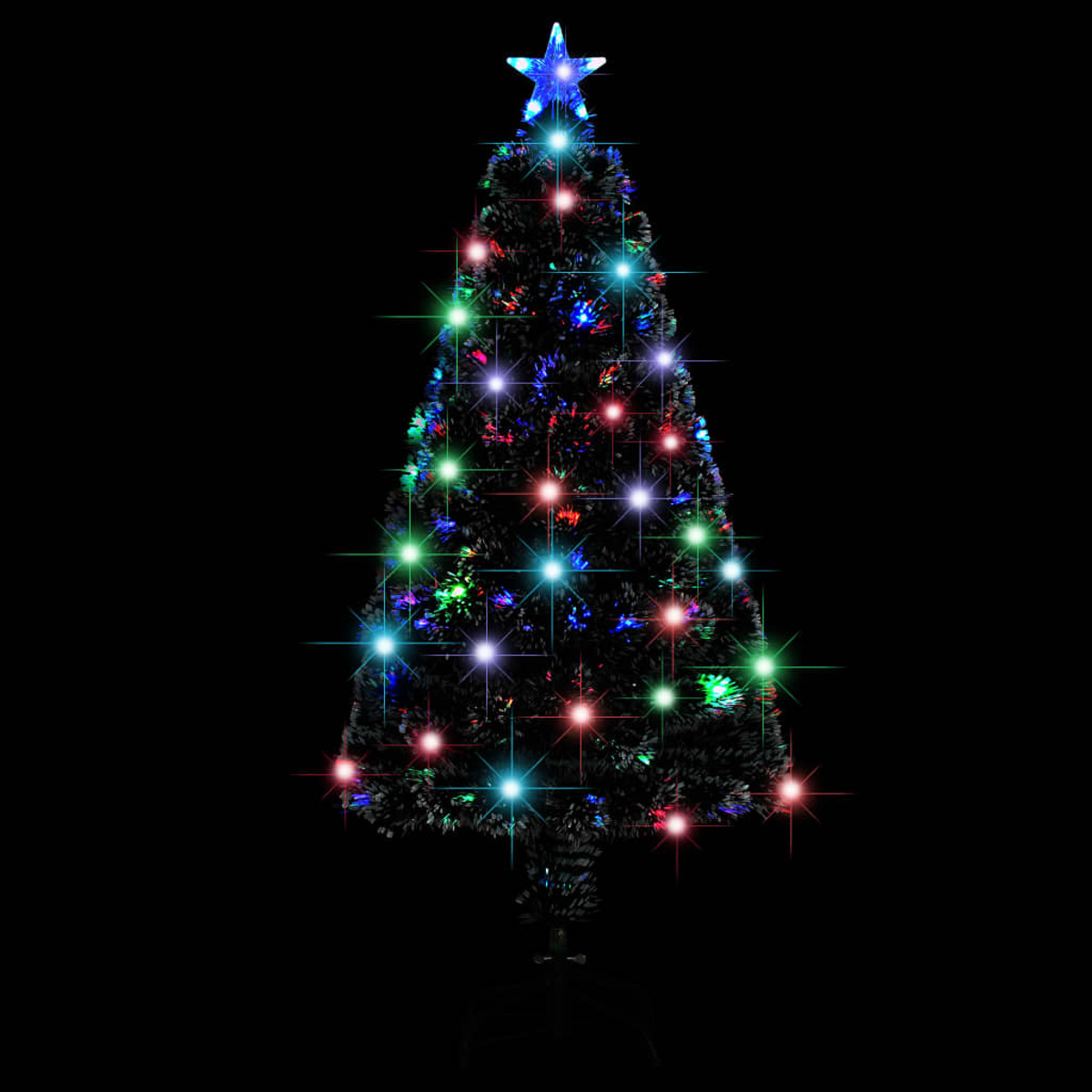 Schwarzer Weihnachtsbaum mit mehrfarbigen Lichtern und einem blauen Stern oben.