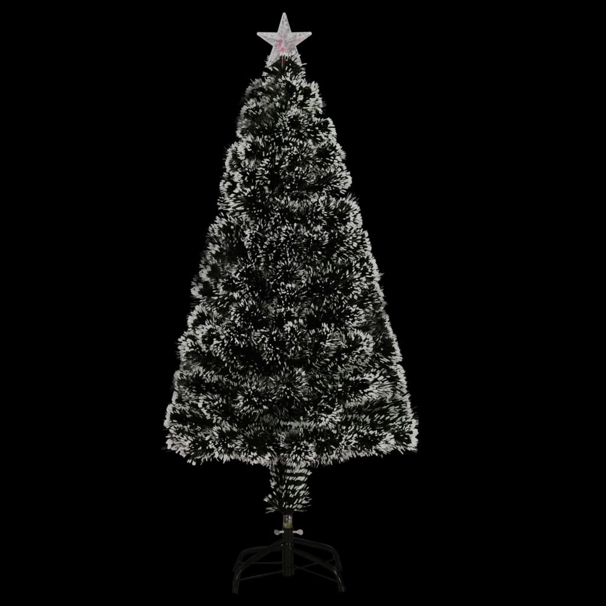 Ein Weihnachtsbaum mit schwarz-weißem Lametta, gekrönt von einem Stern.