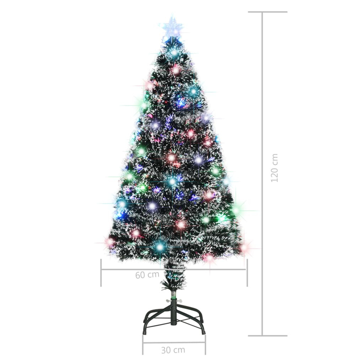 Ein schlanker Weihnachtsbaum mit bunten Lichtern, gemessen 120 cm hoch, 60 cm breit und 30 cm Basis.