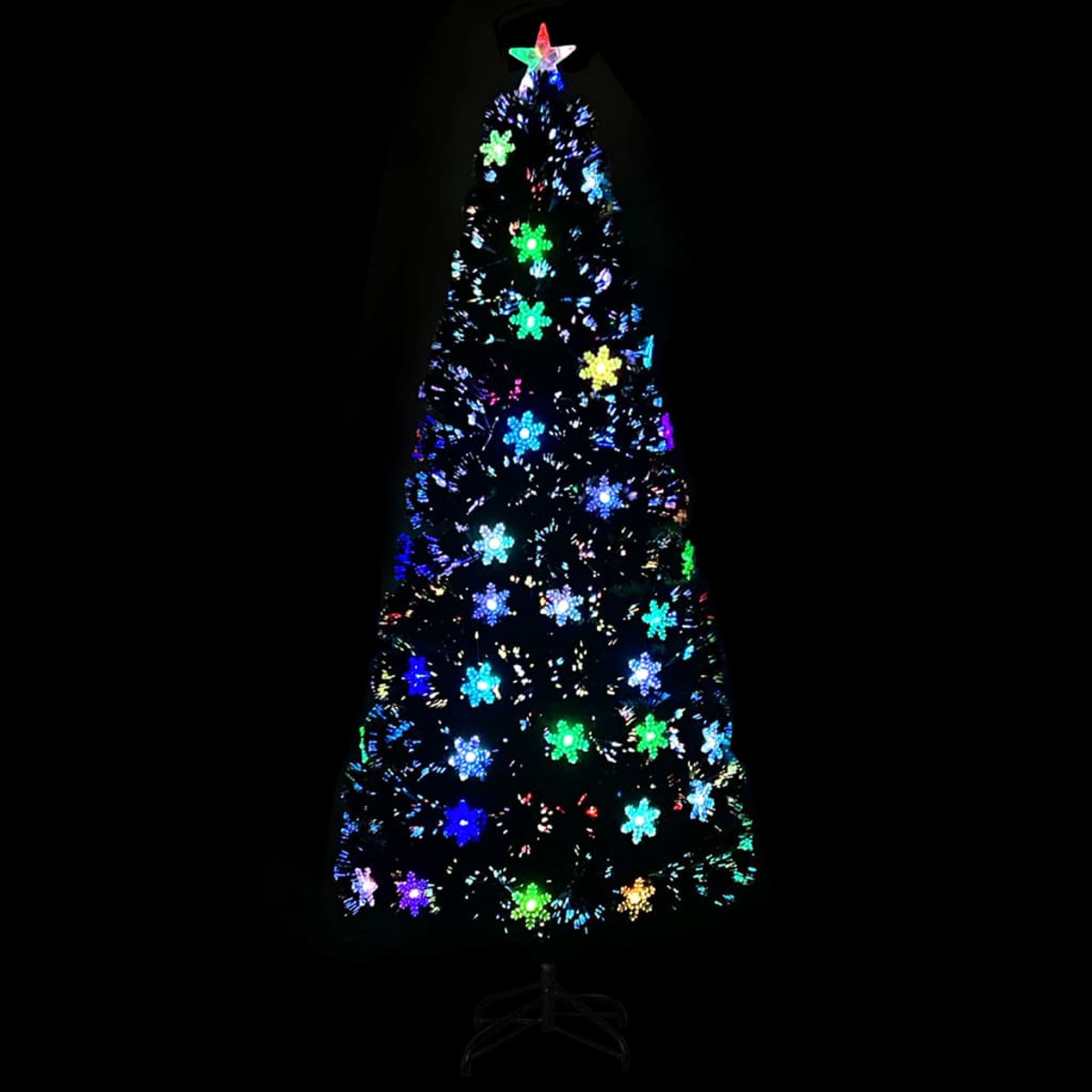 Weihnachtsbaum mit bunten Schneeflockenlichtern, schwarzer Hintergrund.