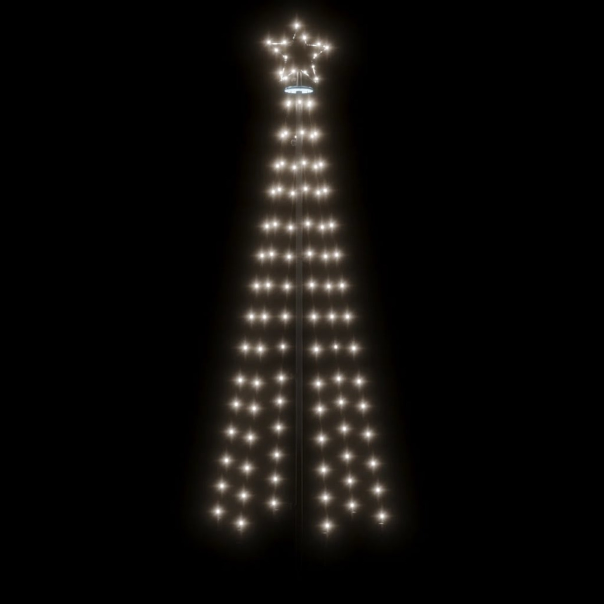 Ein Weihnachtsbaum aus Lichtern auf schwarzem Hintergrund. Oben befindet sich ein Stern. Die Lichter sind weiß und baumförmig.