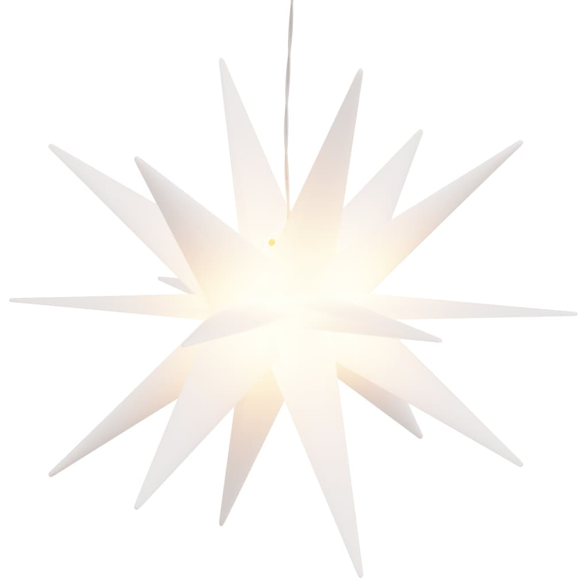 Weißes sternförmiges Weihnachtslicht, mit hellem Zentrum und mehreren Spitzen, hängend.
