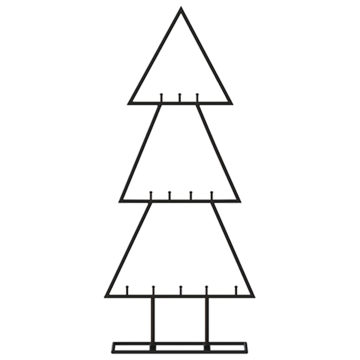 Ein schwarzer Schmuckhalter in Form eines Weihnachtsbaums aus Metall mit drei dreieckigen Ebenen und kleinen Haken.