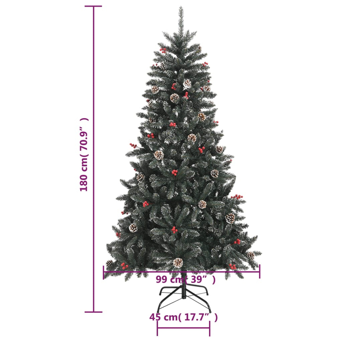 Weihnachtsbaum mit Maßen. Grün mit Tannenzapfen und Beeren. Weißer Hintergrund.