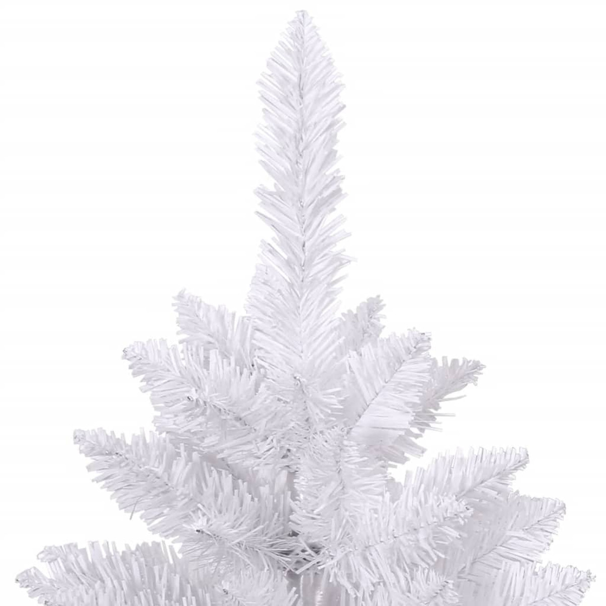 Oberteil eines weißen Weihnachtsbaums, Nahaufnahme, mit einfachem, spitzem Design auf weißem Hintergrund.