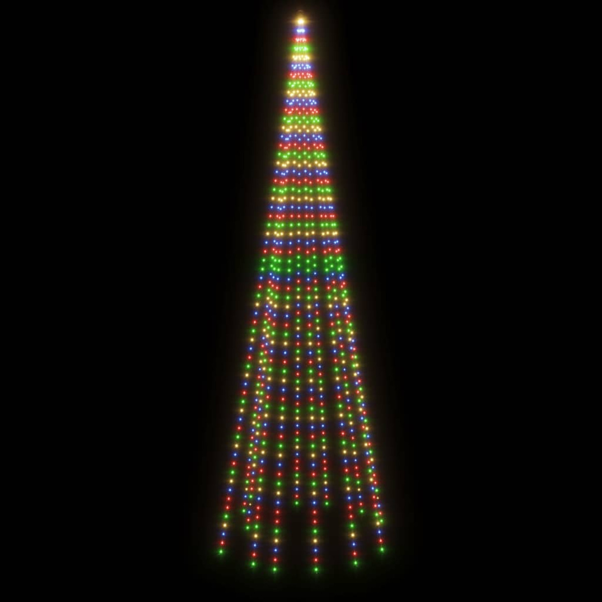 Vertikale Lichterkette mit rot, grün, gelb und blau. Dunkler Hintergrund.