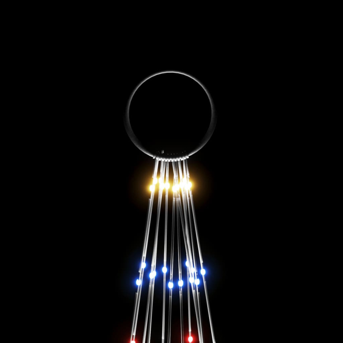 Ein schwarzes abstraktes Bild. Ein Ring oben mit Lichtlinien, die nach unten fallen, mit verschiedenen Farben.