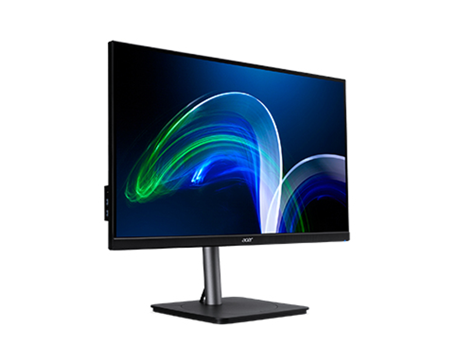 A black computer monitor with a blue and green design on the screen.