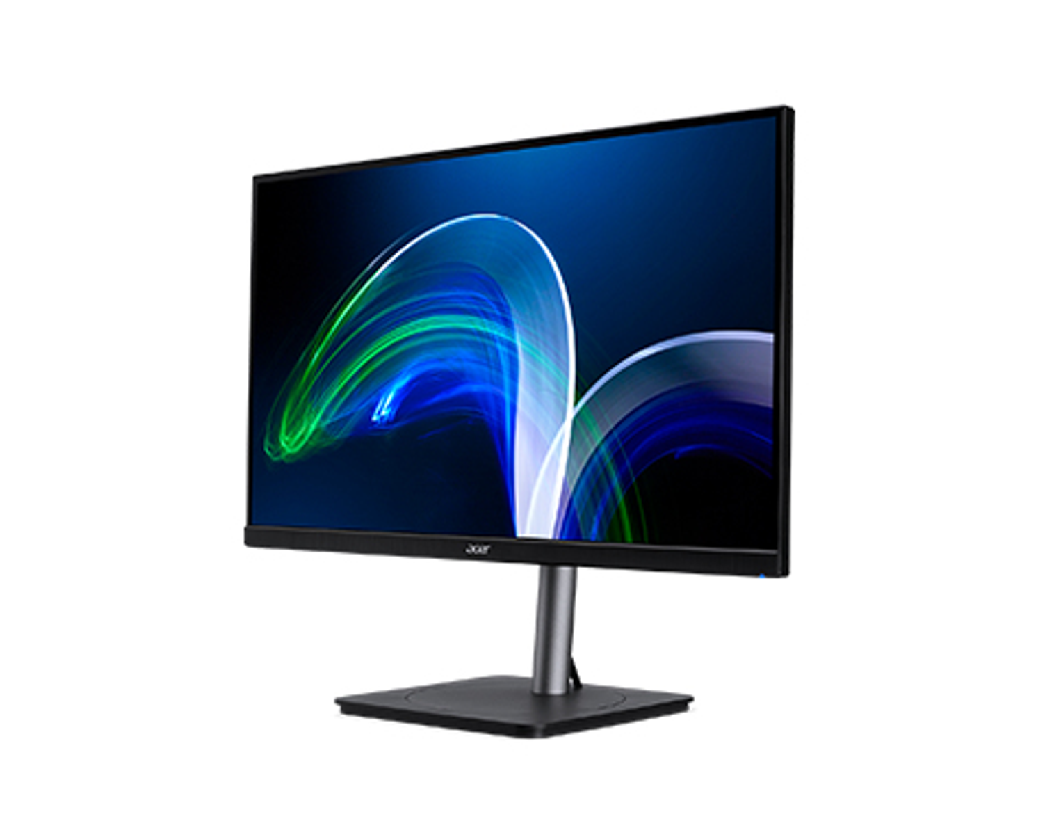 Computer monitor on a stand. Display shows a blue and green abstract design. Black base and frame.