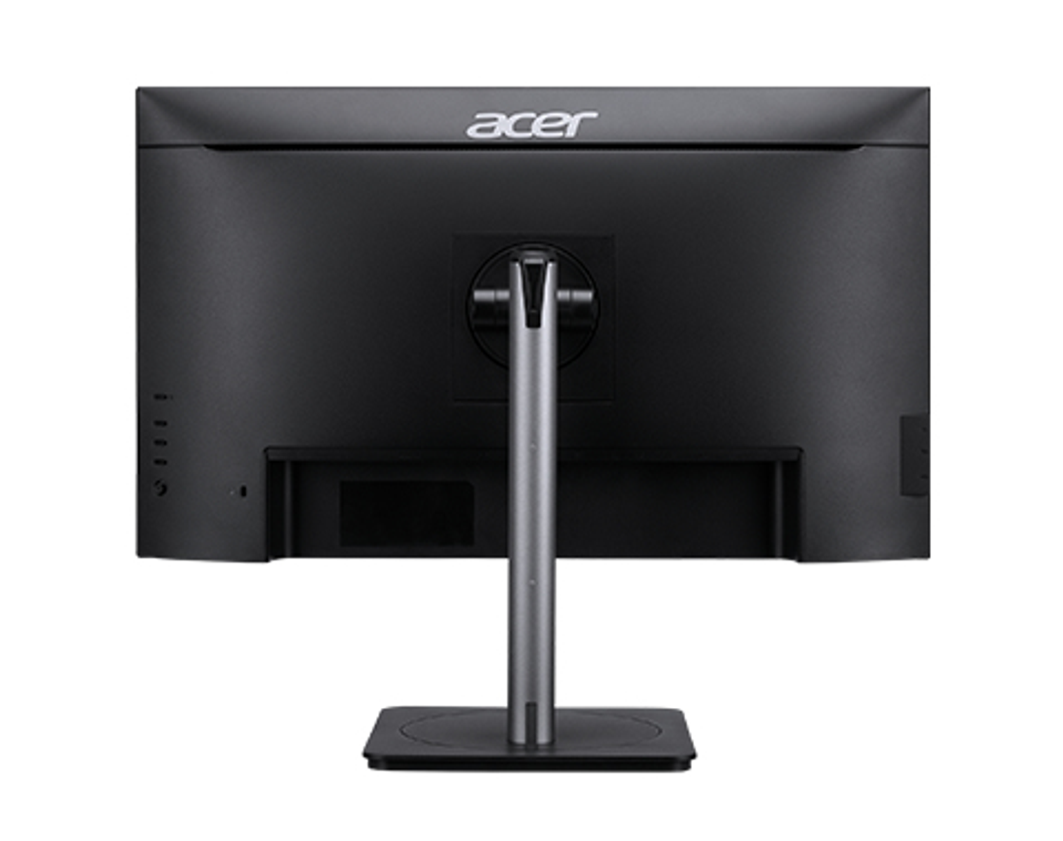 Black Acer monitor with a silver stand, showing the back of the screen.