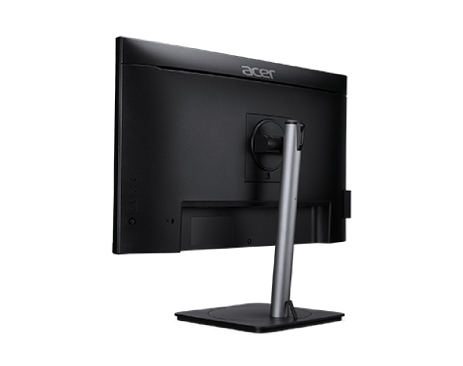 Black Acer monitor, rear view. Features a stand with a vertical support and a square base.