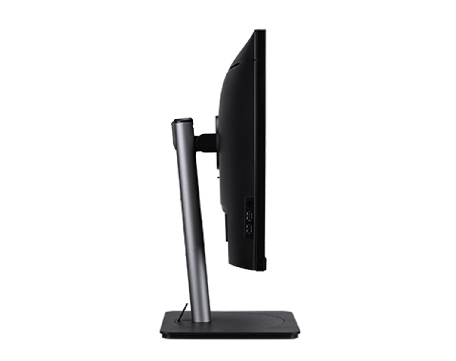 Side view of a black computer monitor on a stand. The screen is off. The stand is silver.