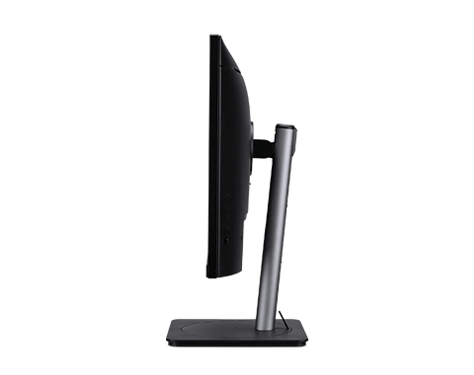 Side view of a black computer monitor with a silver stand and base on a white background.