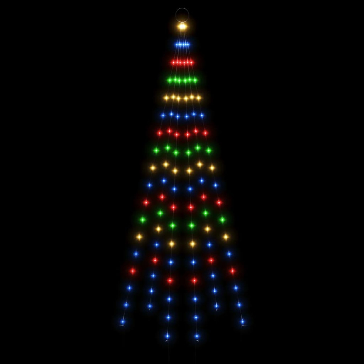 Ein Weihnachtsbaum aus bunten Lichtern vor schwarzem Hintergrund.
