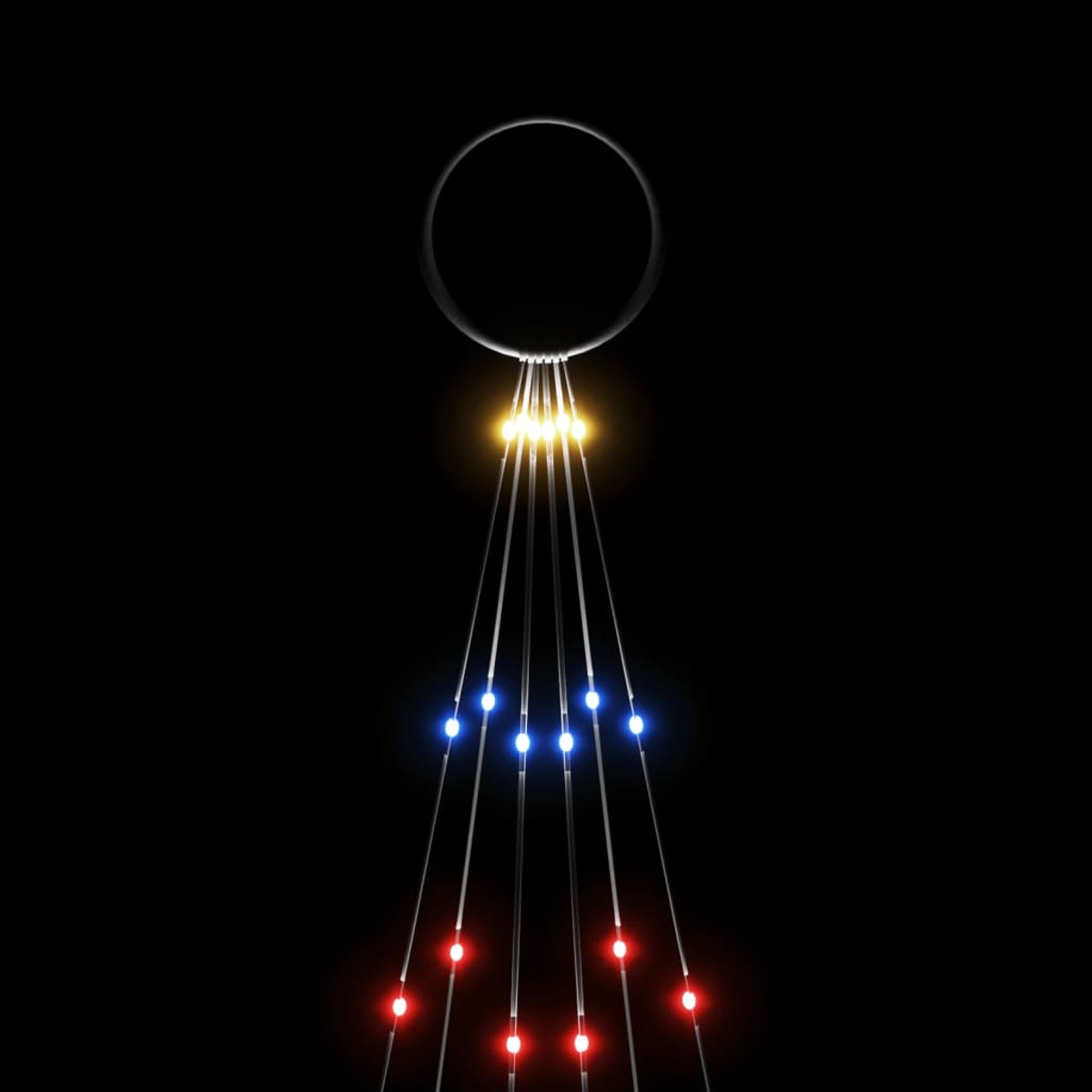 Dunkler Hintergrund mit einer Lichtvorrichtung aus farbigen Lichtern, die von einem zentralen Ring ausgehen.