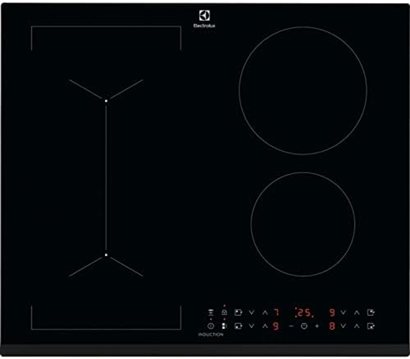 Czarna płyta indukcyjna z trzema palnikami, dwoma okrągłymi i jednym czerwonym.