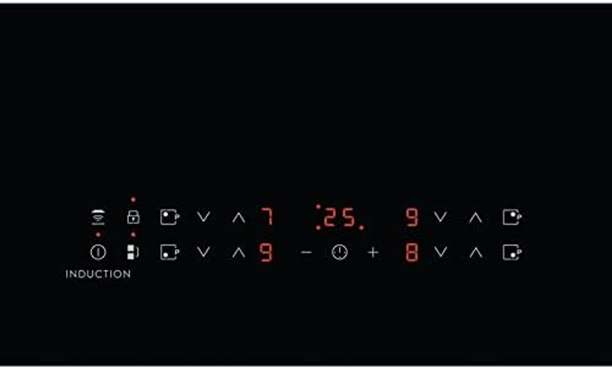 Czarna płyta indukcyjna z podświetlanymi elementami sterującymi, wyświetlająca liczby i symbole.