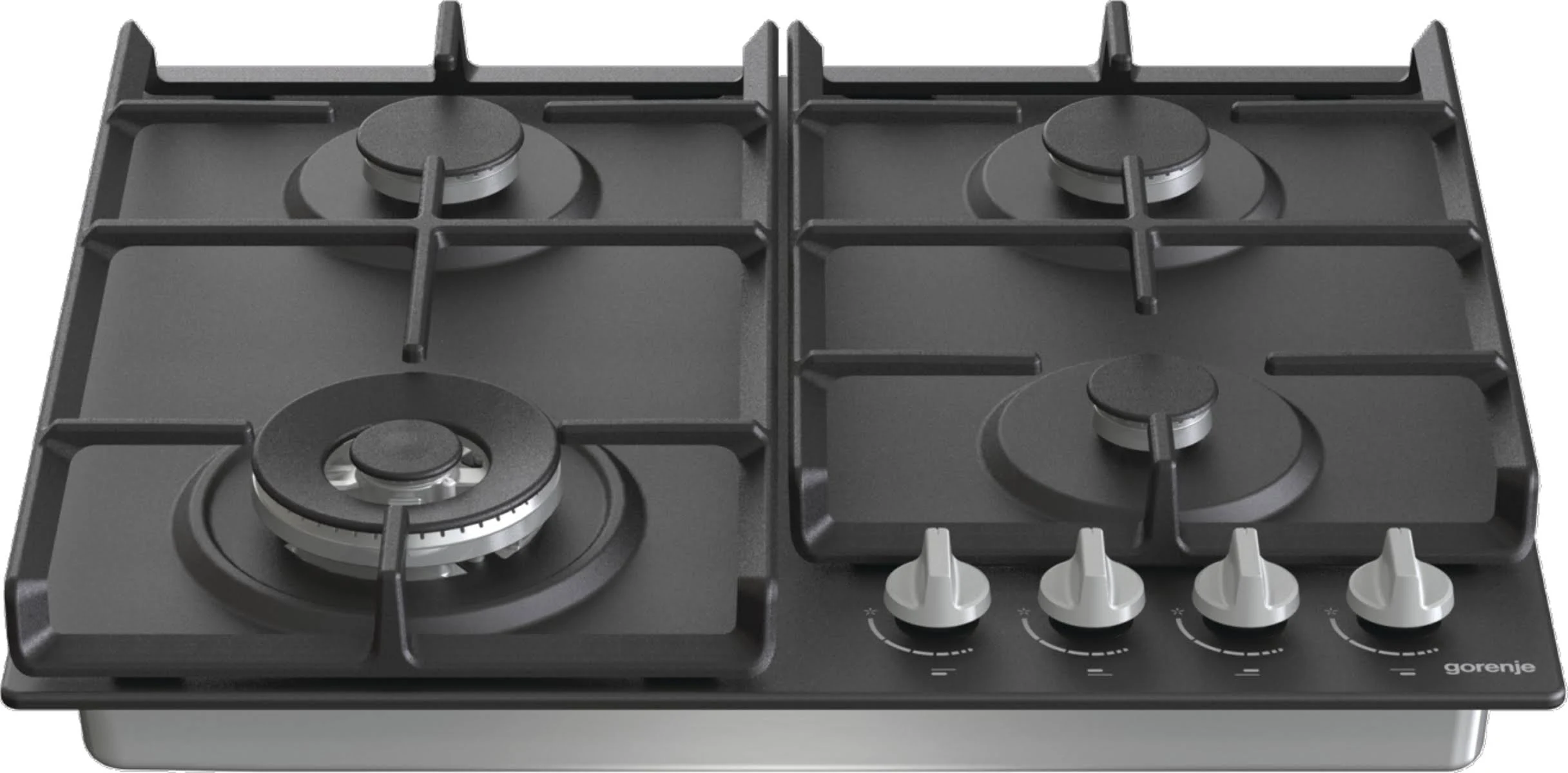 Czarna płyta gazowa z czterema palnikami i srebrnymi pokrętłami z przodu.