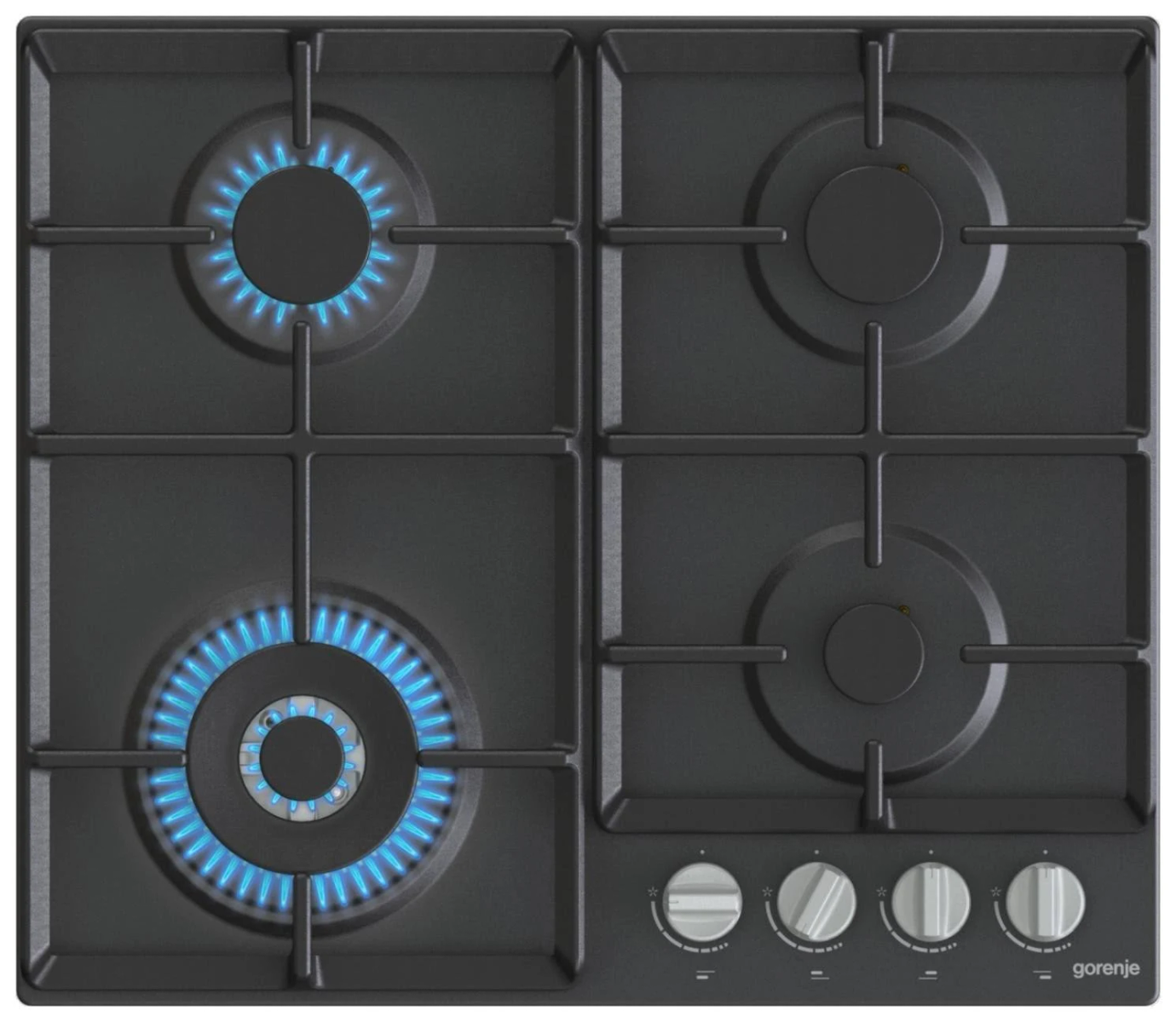 Czarna kuchenka gazowa z czterema palnikami i pokrętłami, widok z góry.