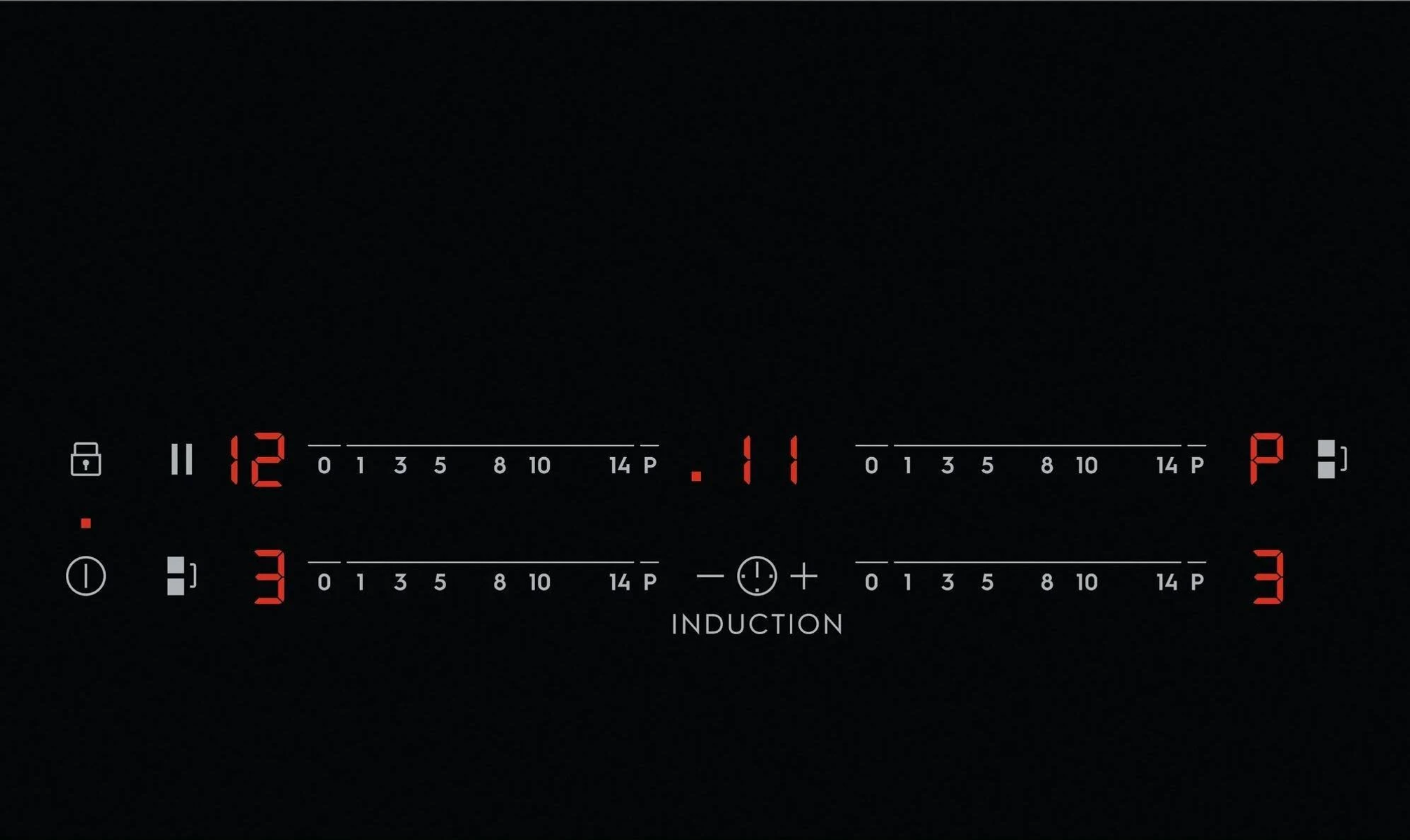 Czarny panel płyty indukcyjnej z czerwonymi wyświetlaczami cyfrowymi i przyciskami sterowania.