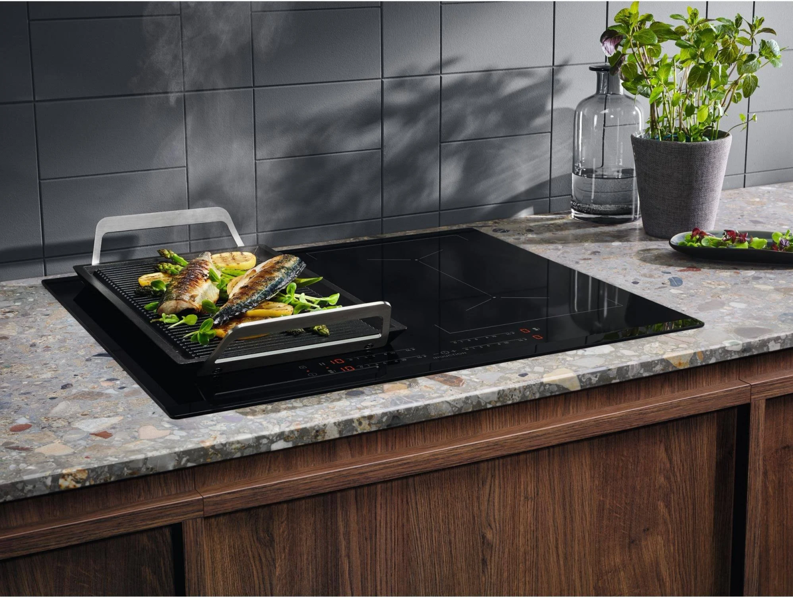 Nowoczesna kuchnia z płytą indukcyjną, jedzeniem i roślinami.