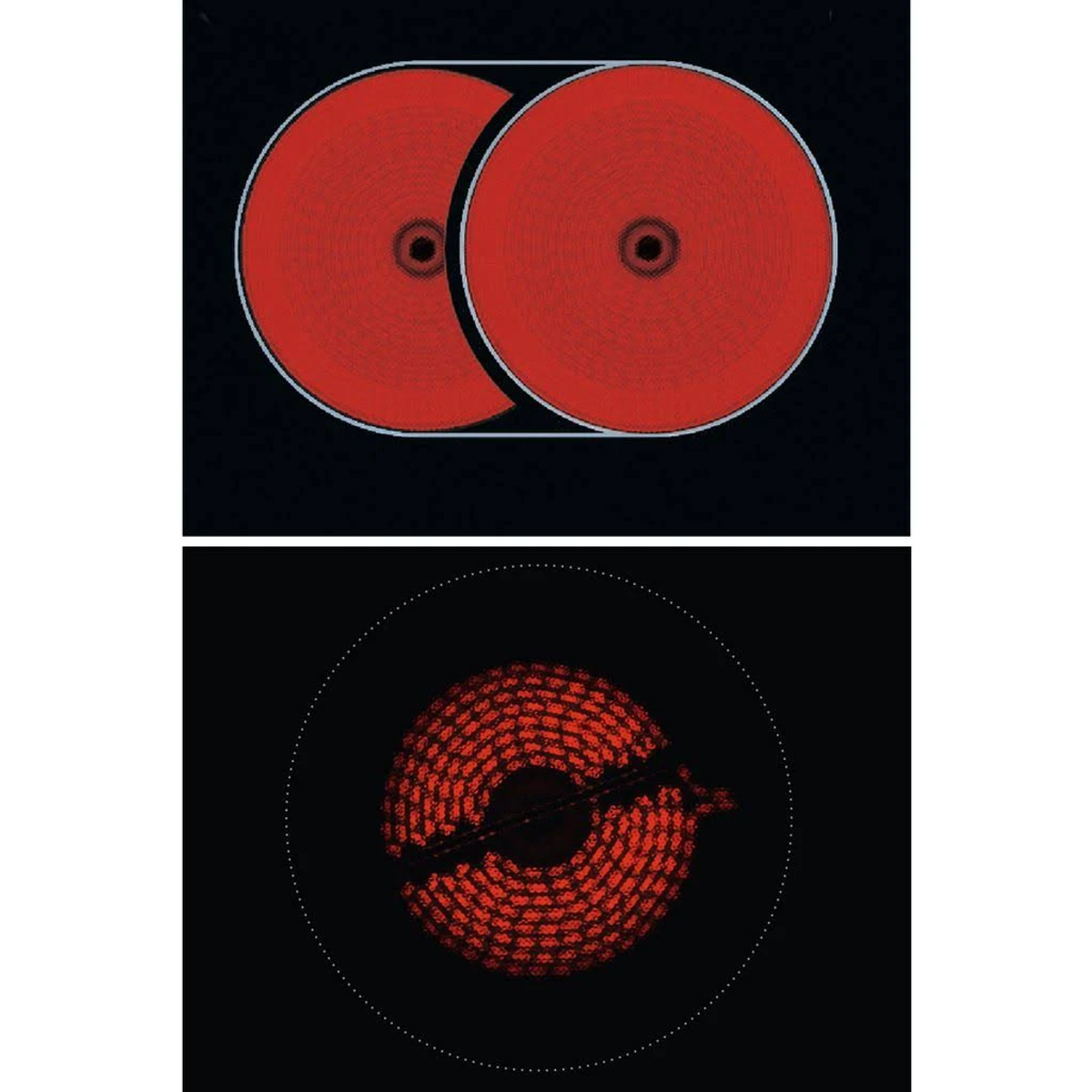 Twee afbeeldingen van een kookplaat. Boven: twee rode cirkels. Onder: een rood gloeiende cirkel.