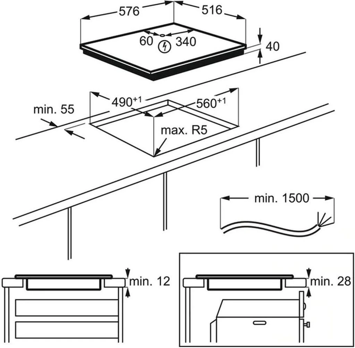 Diagram van een inductiekookplaat met afmetingen en installatie-instructies.