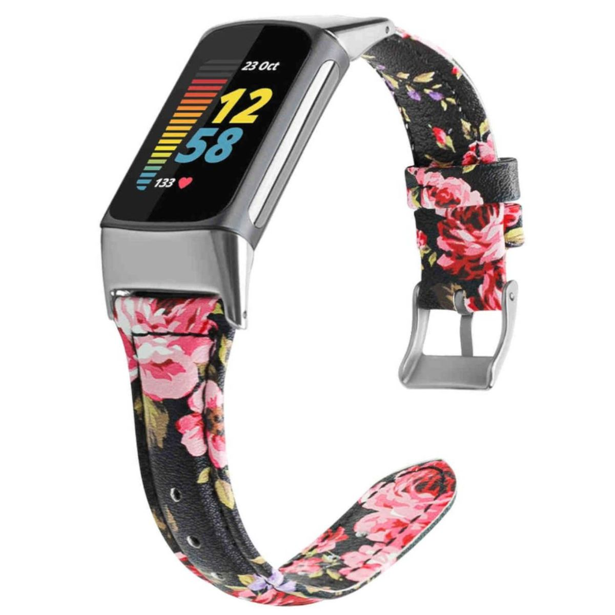 Smartwatch mit floralem schwarzem Armband, zeigt Datum und Uhrzeit, mit Herzsymbol.