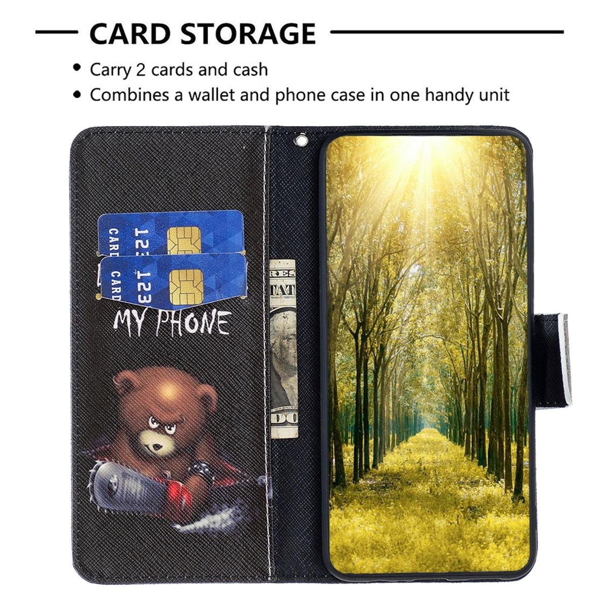 Samsung, Geld Wallet Motiv Bookcover, & Kreditkarten Druck Schwarz Galaxy S24, WIGENTO Book mit / Fach, Tasche