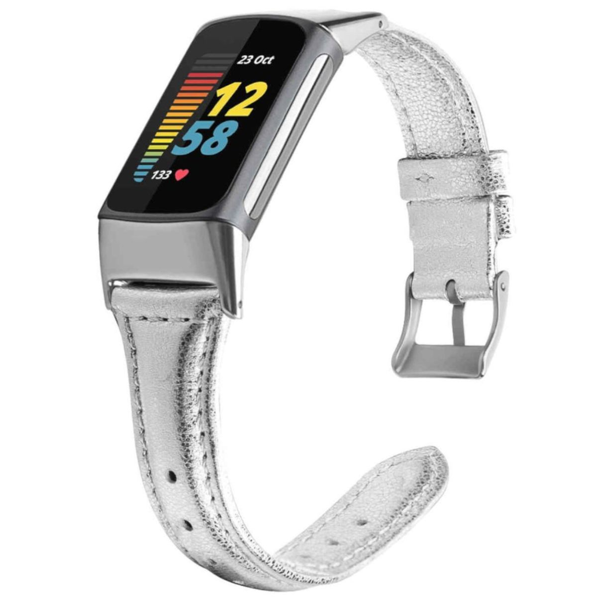 Eine silberne Smartwatch mit silbernem Armband. Die Uhr zeigt Datum und Uhrzeit an.