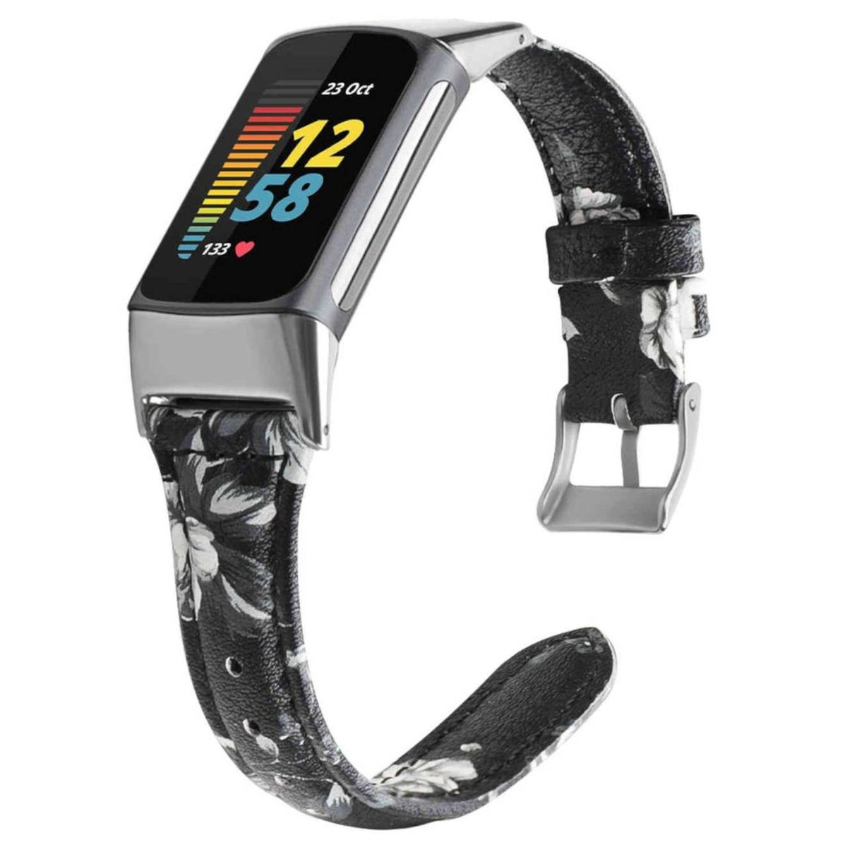 Eine Smartwatch mit floral gemustertem Armband. Das Display zeigt Zeit und Metriken an.