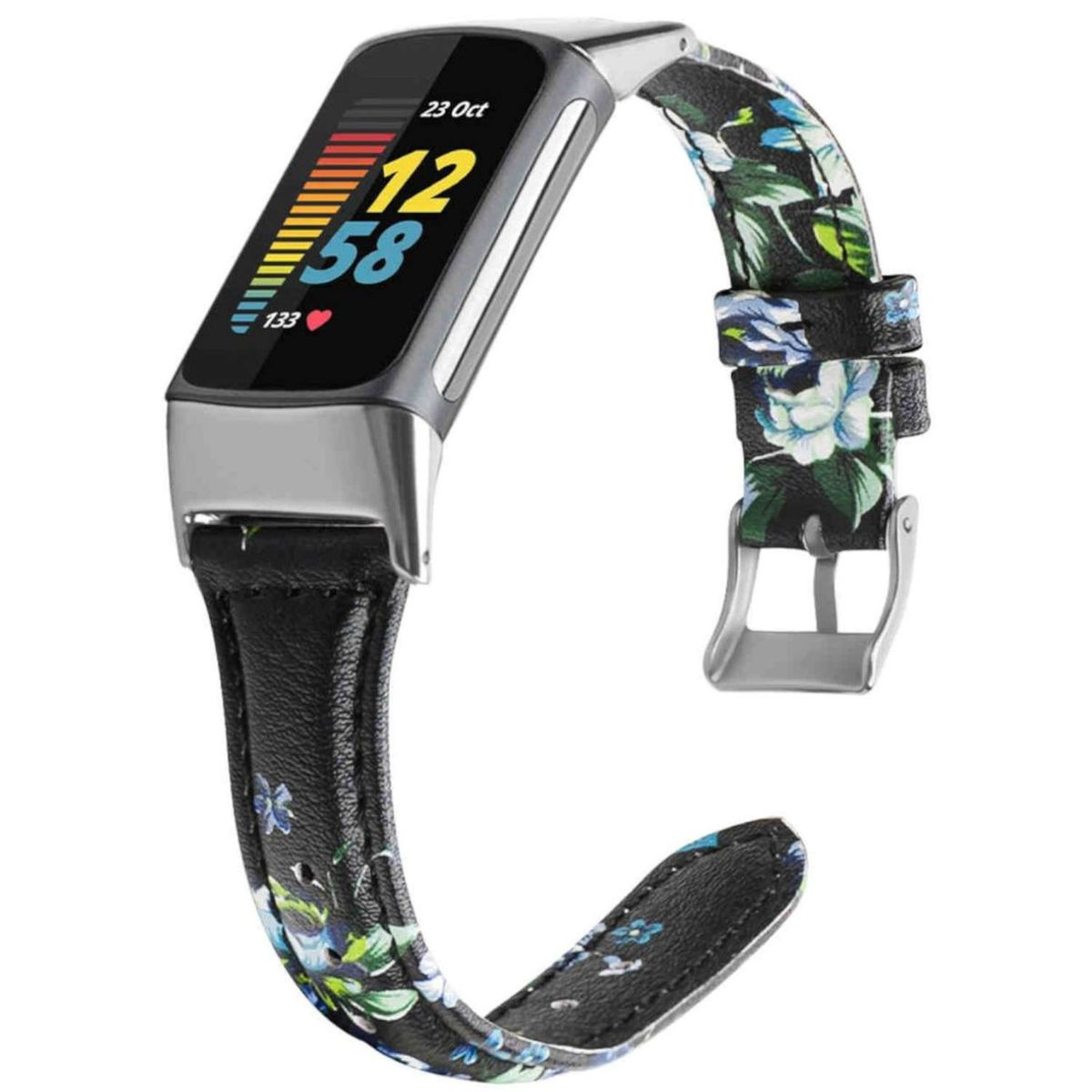 Smartwatch mit floralem Armband, zeigt Zeit und Statistiken, auf weißer Oberfläche.
