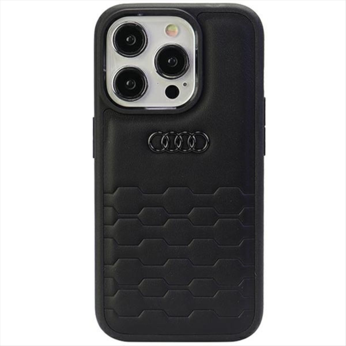 Eine schwarze Handyhülle mit dem Audi-Logo. Die Hülle hat ein strukturiertes Muster und erhöhte Kanten zum Schutz.