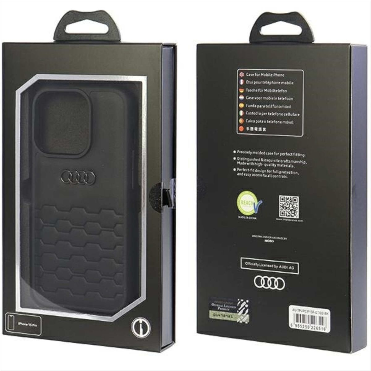Eine schwarze Handyhülle in einer Box. Die Box zeigt die Hülle und Infos auf der Rückseite.