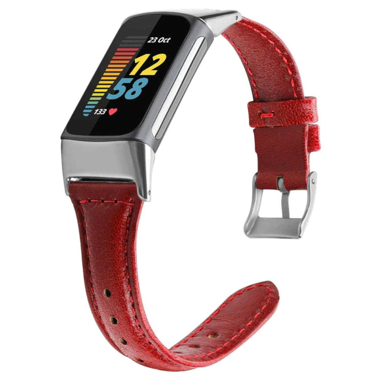Eine schwarze Smartwatch mit rotem Lederarmband. Die Uhr zeigt Zeit und Herzfrequenz an.