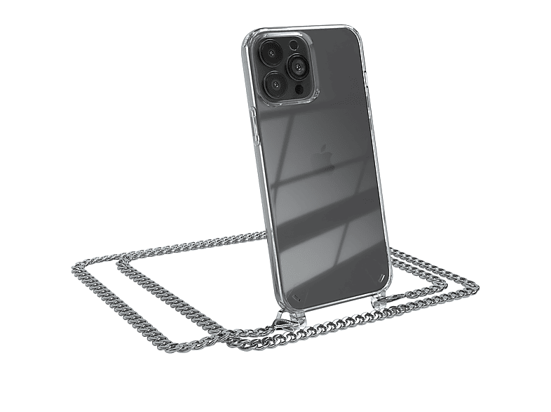 EAZY CASE Handykette Metall + extra Kordel Schwarz, Umhängetasche, Apple, iPhone 13 Pro Max, Silber