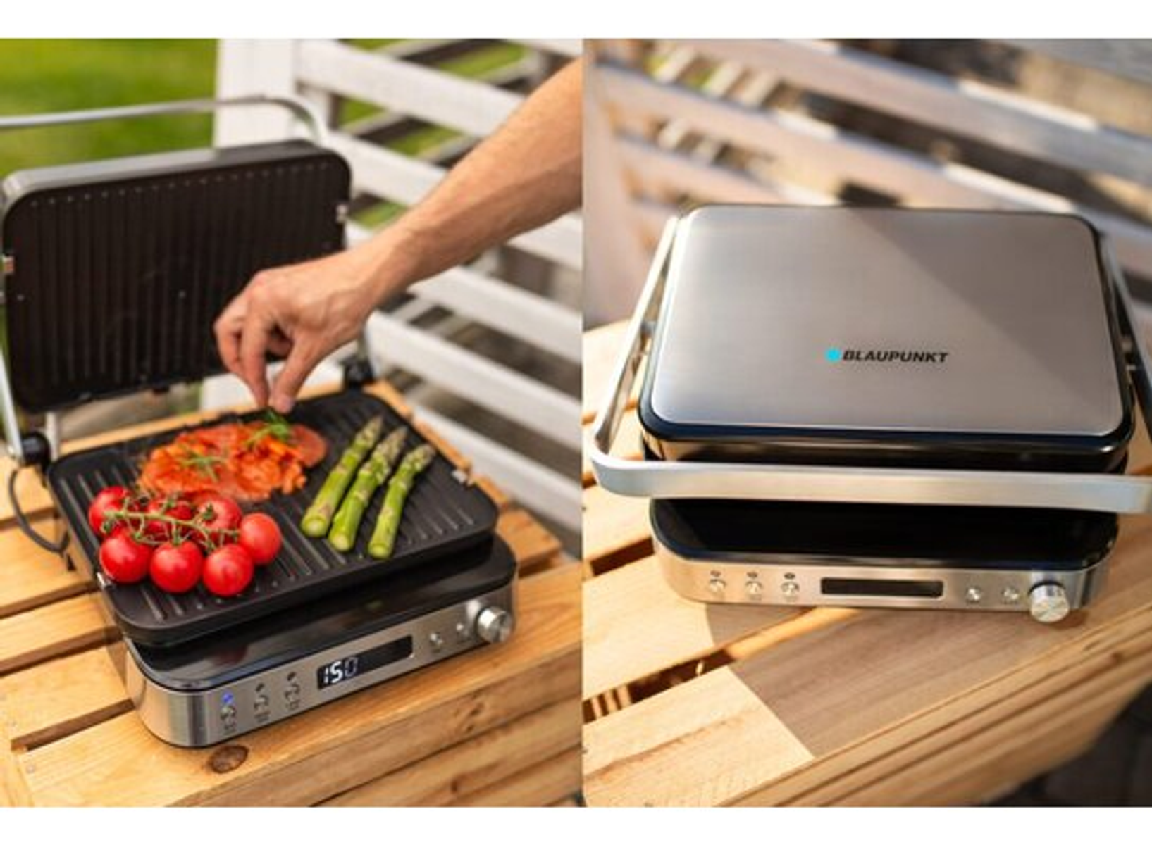 Eine Person grillt im Freien Essen auf einer Panini-Presse; rechts eine geschlossene Presse.