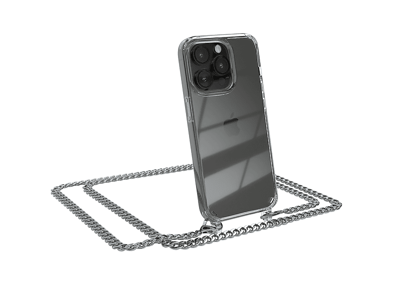EAZY CASE Handykette Metall iPhone Umhängetasche, Kordel + Schwarz, Silber 14 Pro, Apple, extra