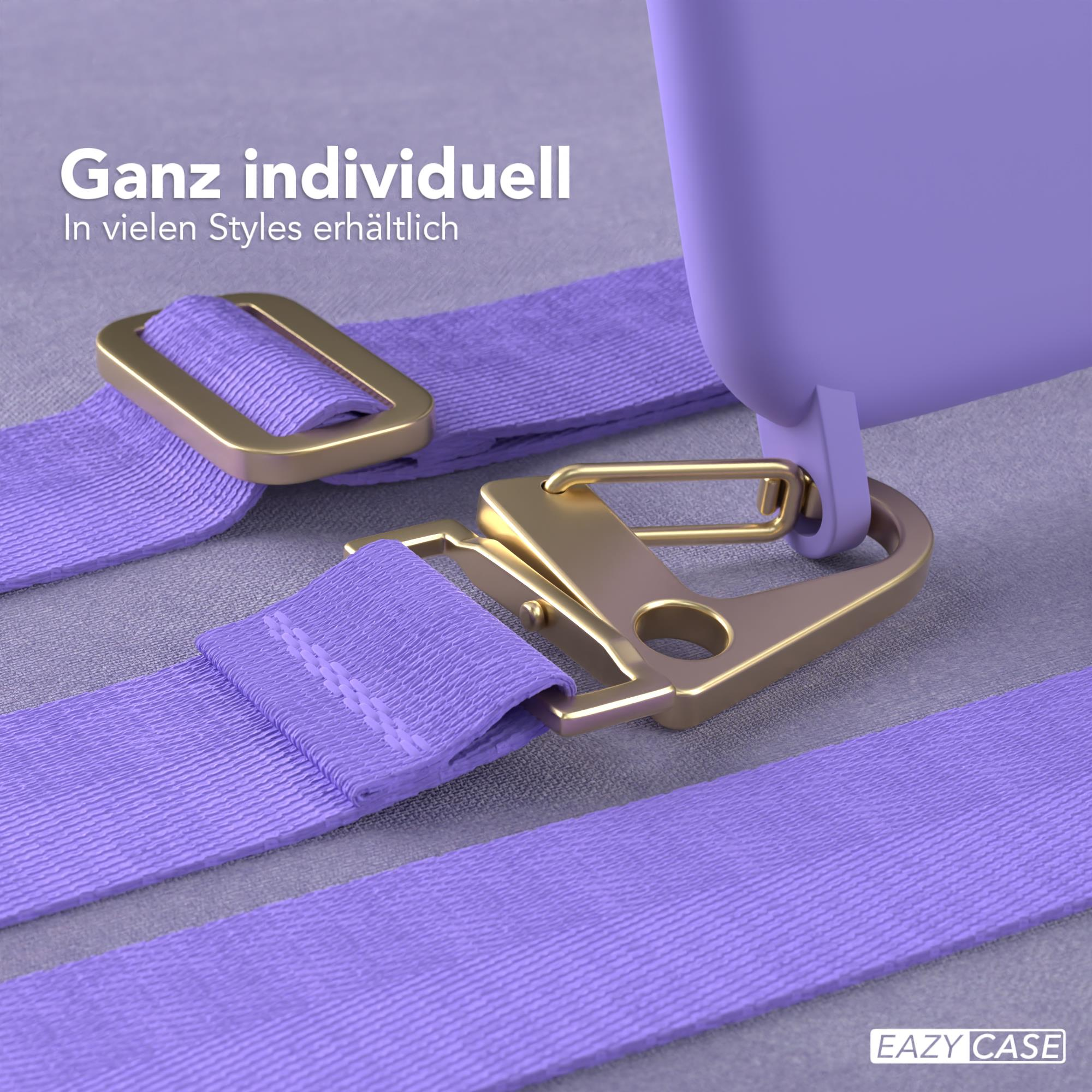 Eine lila Handyhülle mit Riemen und goldfarbener Hardware, gezeigt auf strukturierter Oberfläche.