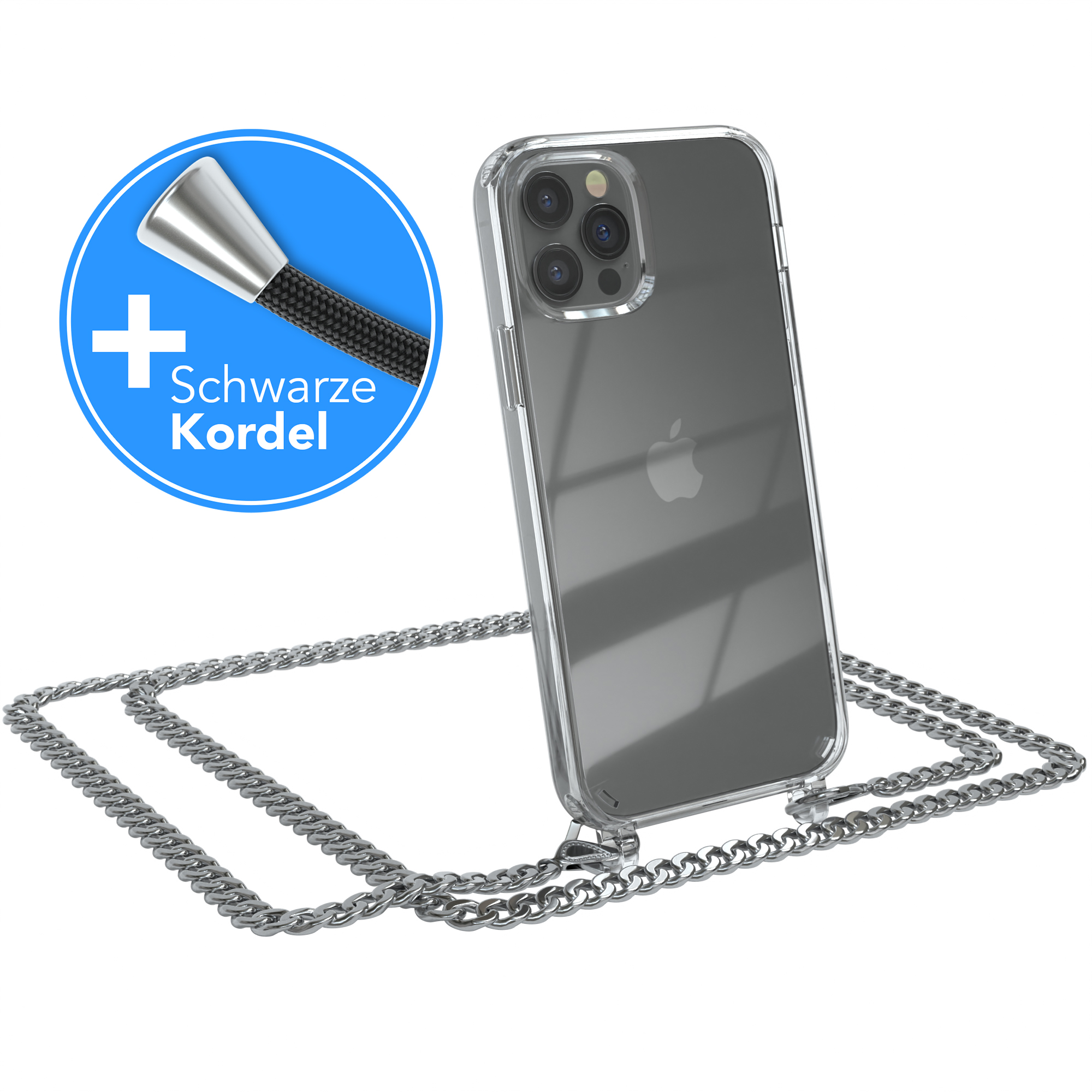 iPhone Pro, + Kordel 12 extra Schwarz, Metall Apple, / CASE EAZY Silber 12 Handykette Umhängetasche,