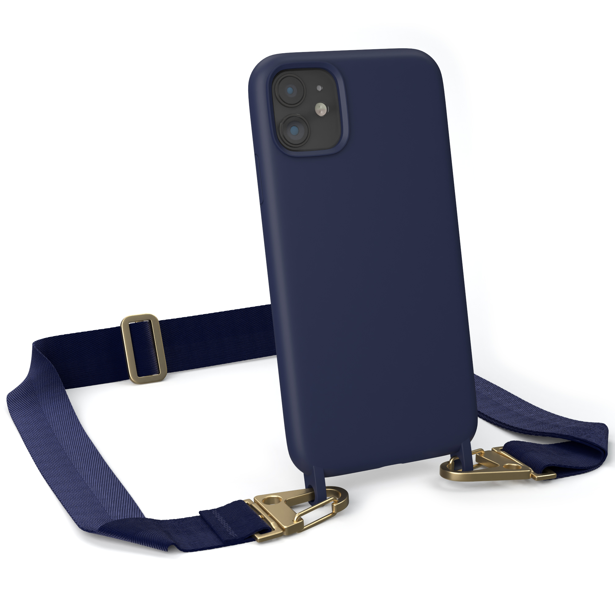 Marineblaue Handyhülle mit Trageriemen. Goldene Hardware. Weißer Hintergrund.