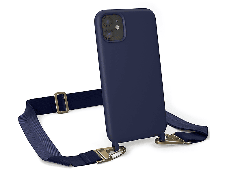 EAZY CASE Handy Kette Breit mit Karabiner Premium Silikon Hülle, Umhängetasche, Apple, iPhone 11, Dunkel Blau / Gold
