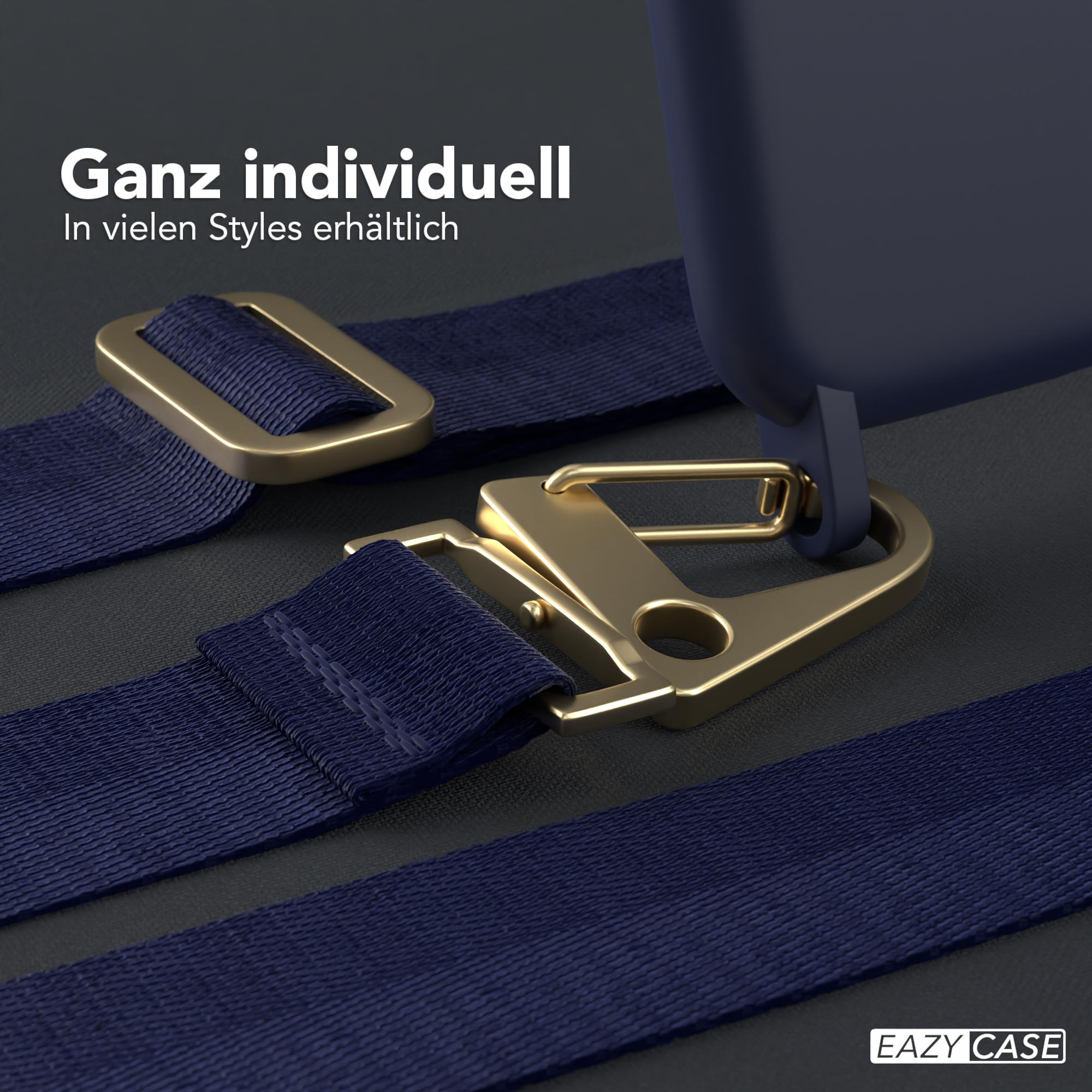 Dunkelblaues Telefonband mit goldenen Verschlüssen auf dunkler, grauer Oberfläche. Text 'Ganz individuell'.