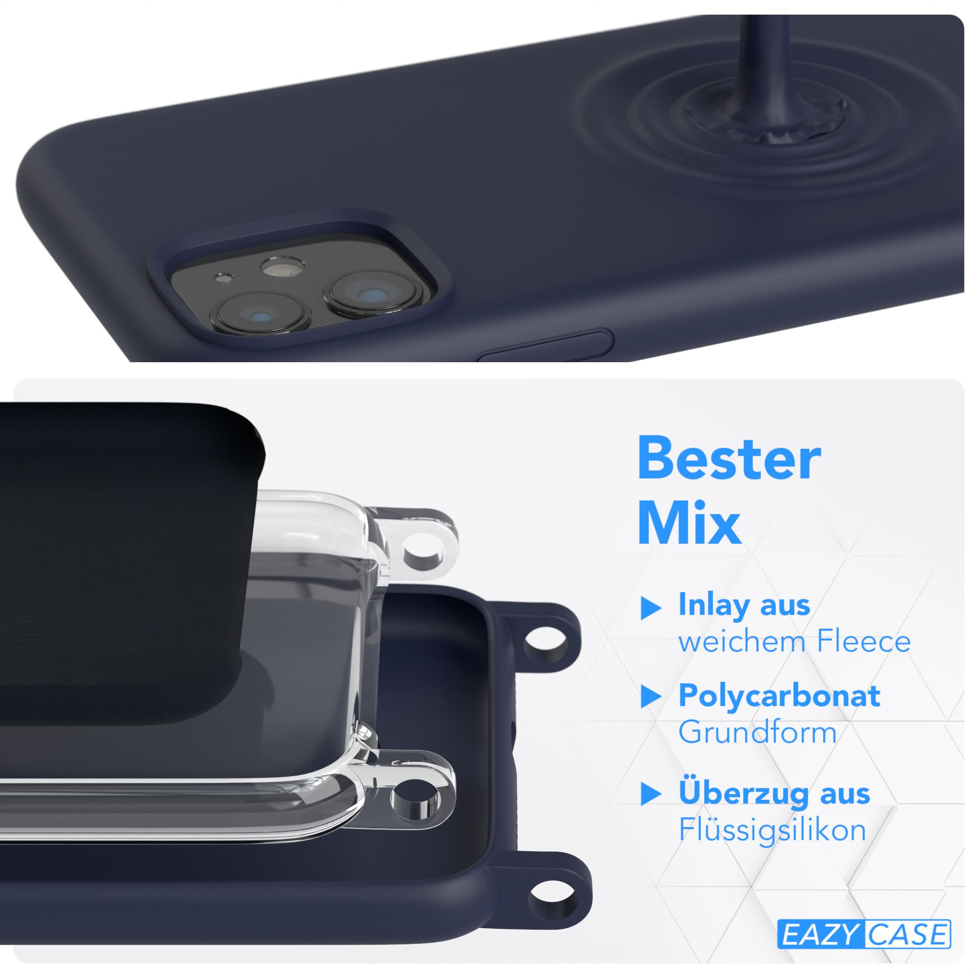 Eine marineblaue Handyhülle mit Telefon und Text an der Seite.