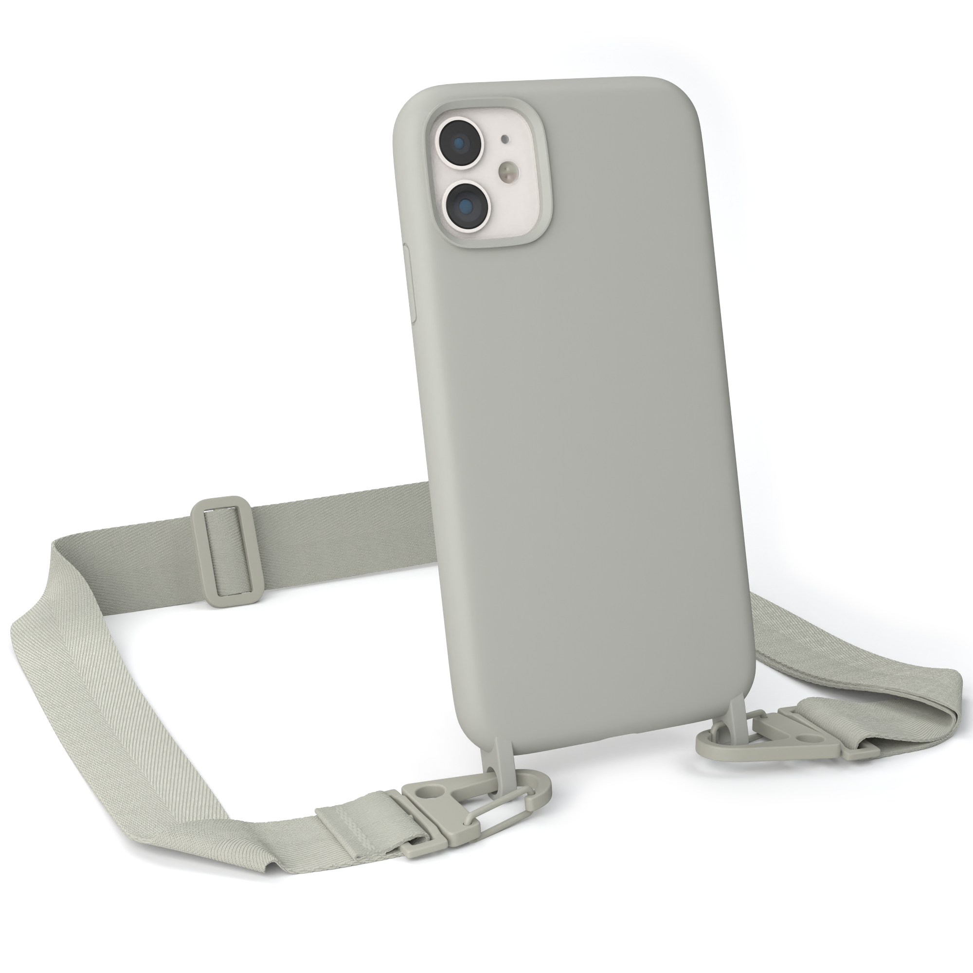 Eine graue Handyhülle mit einem Lanyard. Das Case ist an einem Telefon, der Hintergrund ist weiß.