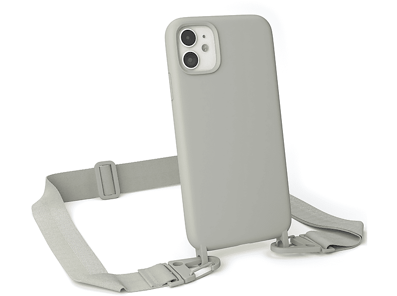 EAZY CASE Handy Kette Breit mit Karabiner Premium Silikon Hülle, Umhängetasche, Apple, iPhone 11, Beige Grau / Taupe