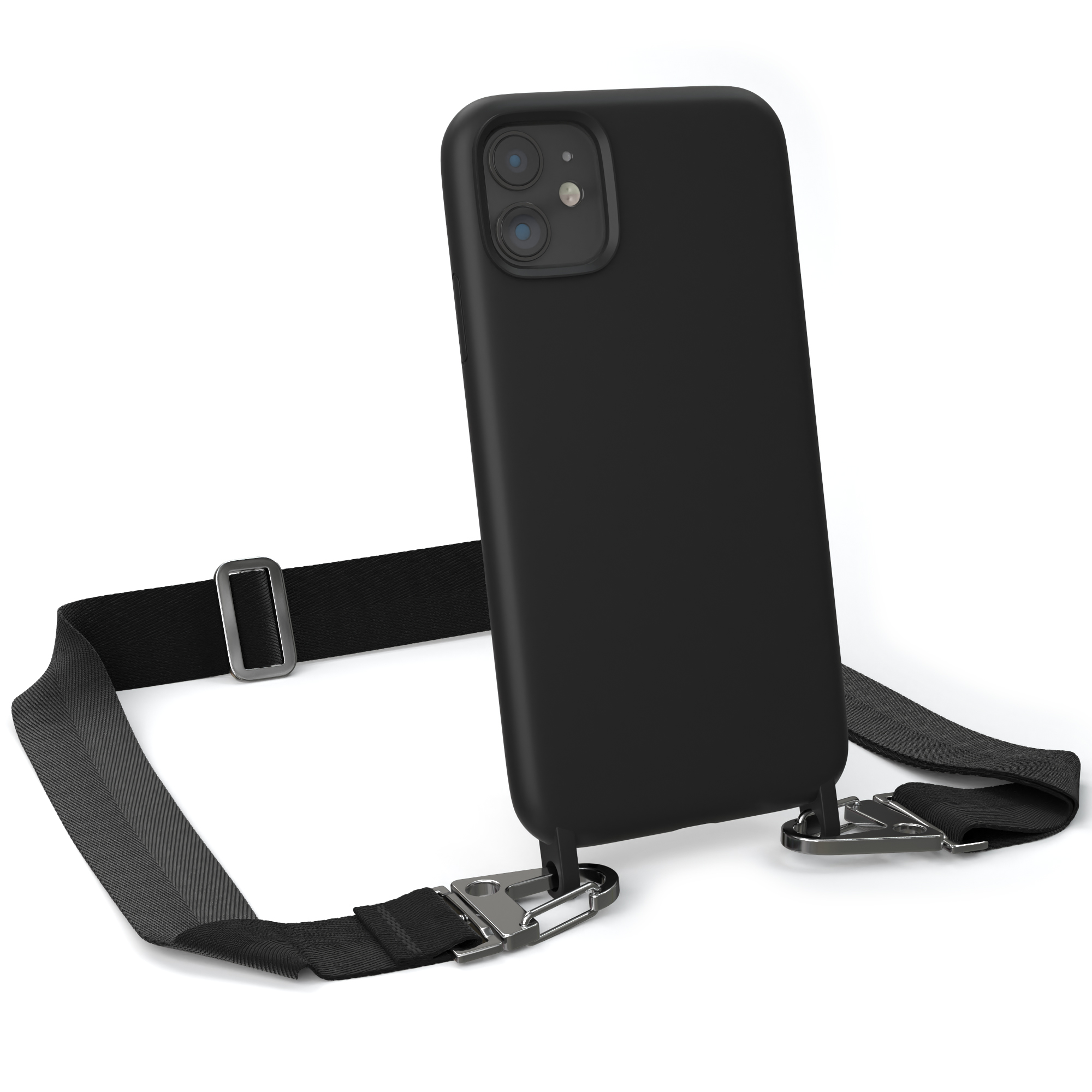 Schwarzes Telefon in einer Hülle, schwarzer Riemen. Weißer Hintergrund.