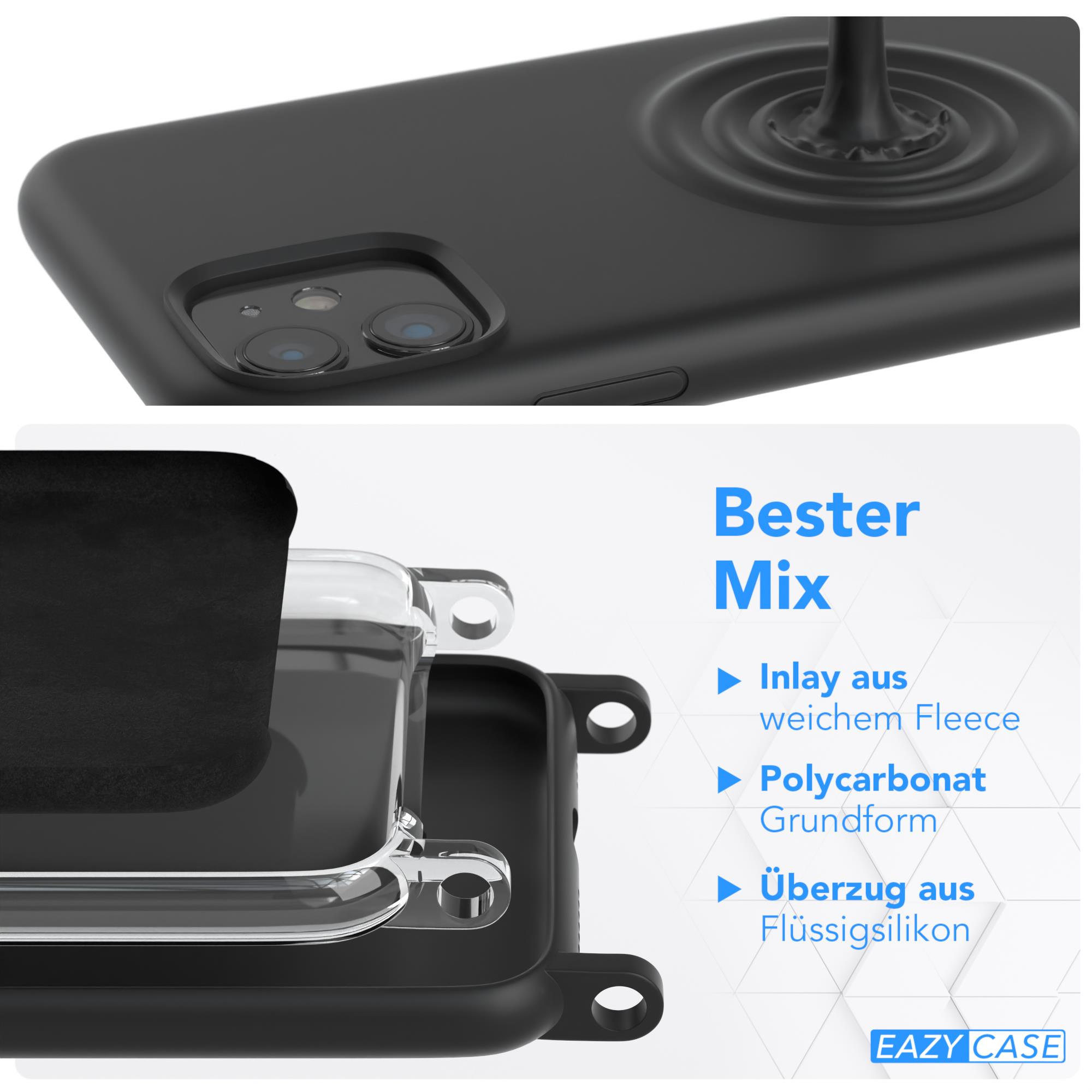 EAZY CASE Handy 11, Kette Schwarz Apple, Breit Hülle, iPhone mit Premium / Silber Umhängetasche, Silikon Karabiner