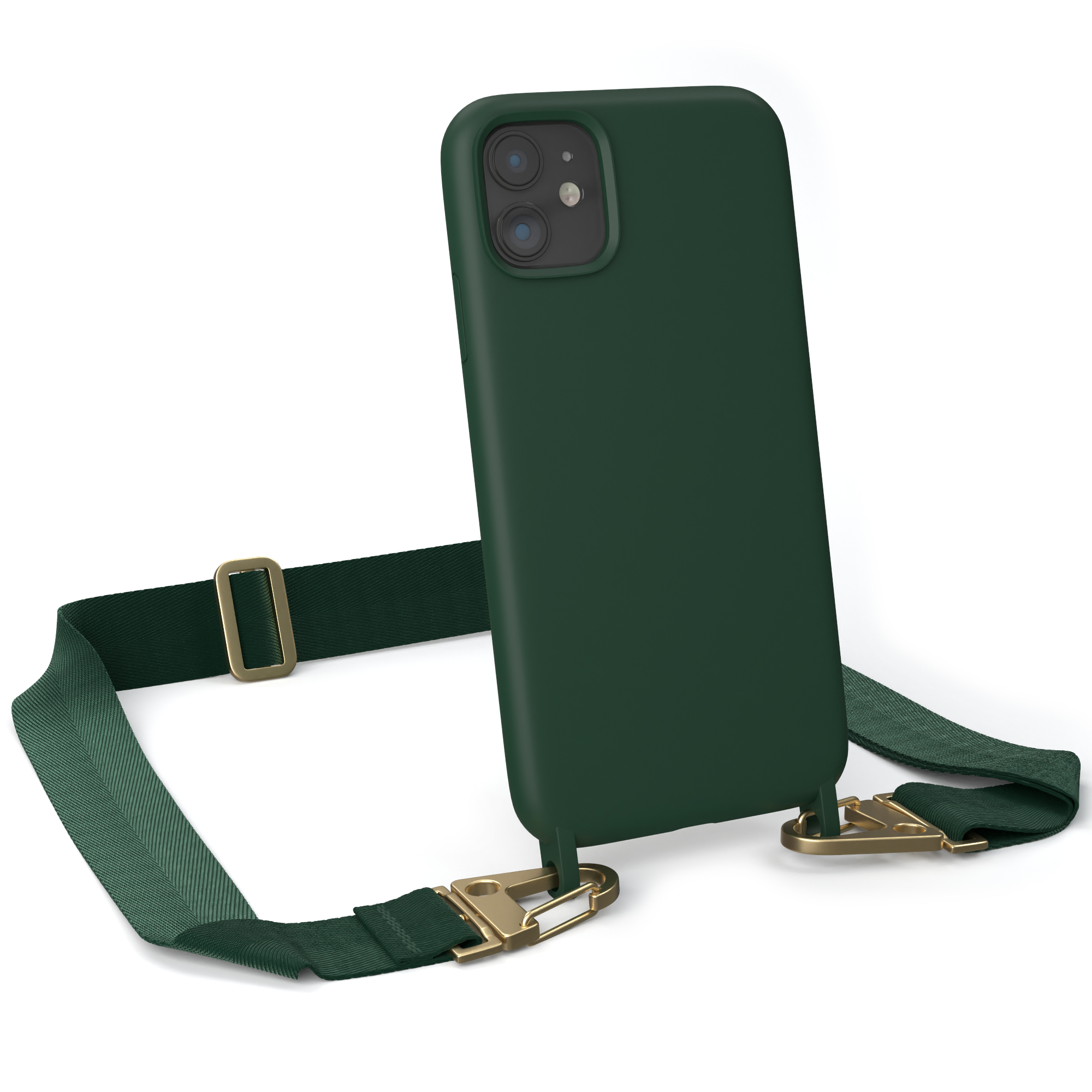 EAZY CASE Handy Kette iPhone 11, Silikon Umhängetasche, Grün Premium Hülle, Dunkel / Karabiner Breit mit Gold Apple